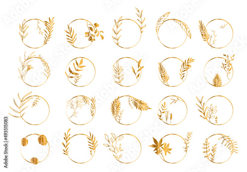 Plant frame with vector plants and grasses in gold style with gloss effects. Minimalist style of hand drawn plants. With leaves and organic shapes. Space for your own design.
