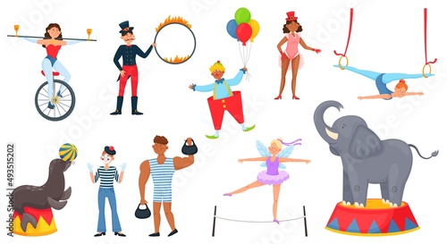 Cartoon circus characters, carnival artists, trained animal performers. Circus elephant, seal, clown, acrobat, magician, juggler vector set. People performing tricks in entertainment show