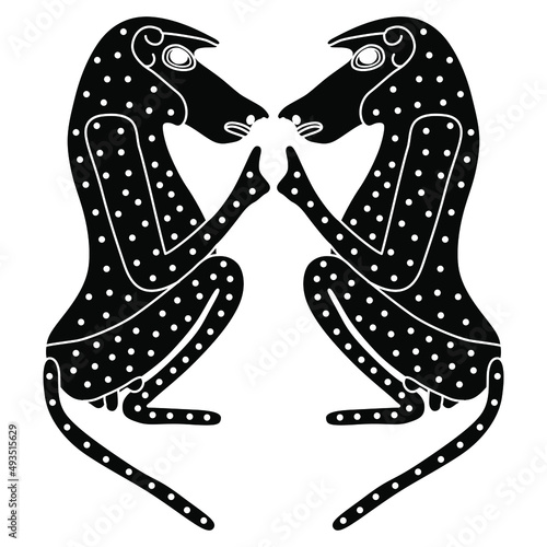 Symmetrical animal design with two seated male hamadryas baboon monkey or ape. Ancient Egyptian animal design. Embodiment of god Thoth. Black and white negative silhouette.