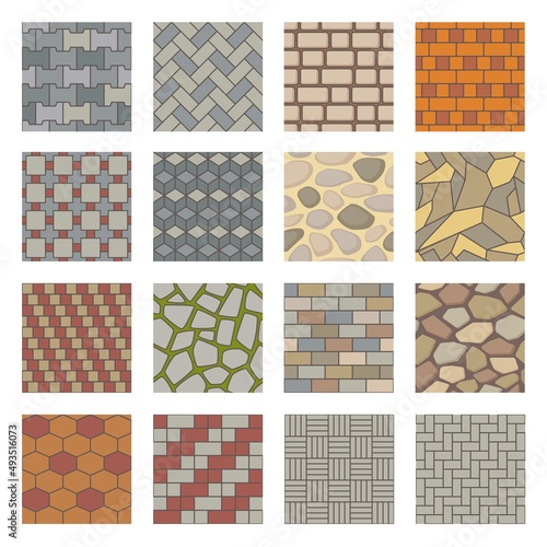 Pavement stones seamless pattern, paving stone city road texture. Pavements sidewalk tiles, brick pathway, stone paving patterns vector set. Materials for urban walkways decoration