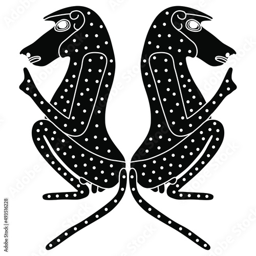Symmetrical animal design with two seated male hamadryas baboon monkey or ape. Ancient Egyptian animal design. Embodiment of god Thoth. Black and white negative silhouette.
