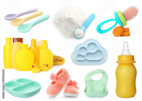 Set with different stuff for baby on white background