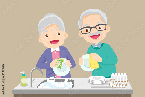 grandmother washing dish with grandfather