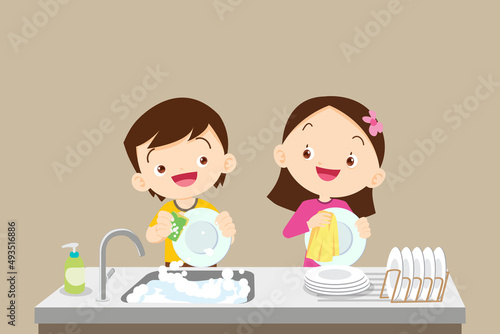 Siblings washing dishes together