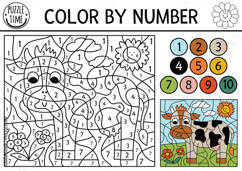 Vector on the farm color by number activity with cow in the meadow. Rural country scene black and white counting game with farm animal. Coloring page for kids with countryside scene.
