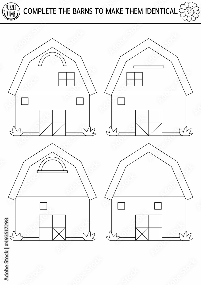 Black and white find differences, logical and drawing game for kids. On the farm educational activity with barn house. Complete picture printable worksheet. Rural country puzzle or coloring page.