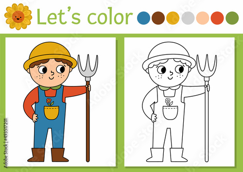 On the farm coloring page for children with farmer. Vector rural country outline illustration with cute farm worker. Color book for kids with colored example. Drawing skills printable worksheet.