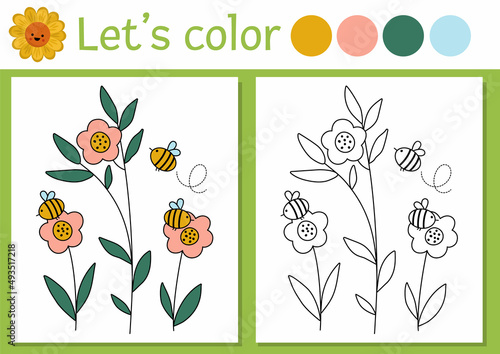 On the farm coloring page for children with bees and flowers. Vector rural country outline illustration with cute honey insects. Color book for kids with colored example. Drawing skills printable.