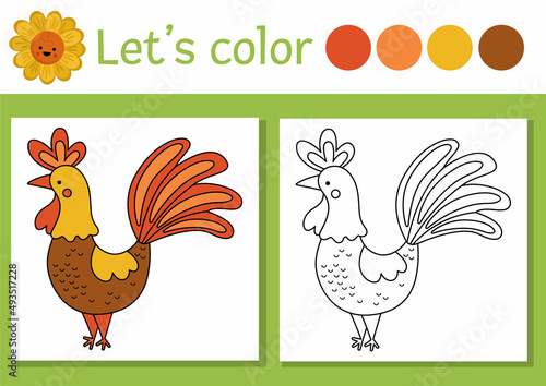 On the farm coloring page for children with cockerel. Vector rural country outline illustration with cute farm bird. Color book for kids with colored example. Drawing printable worksheet with rooster.