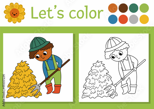 On the farm coloring page for children with farmer and hay. Vector rural country outline illustration with cute farm worker. Color book for kids with colored example. Drawing printable worksheet.