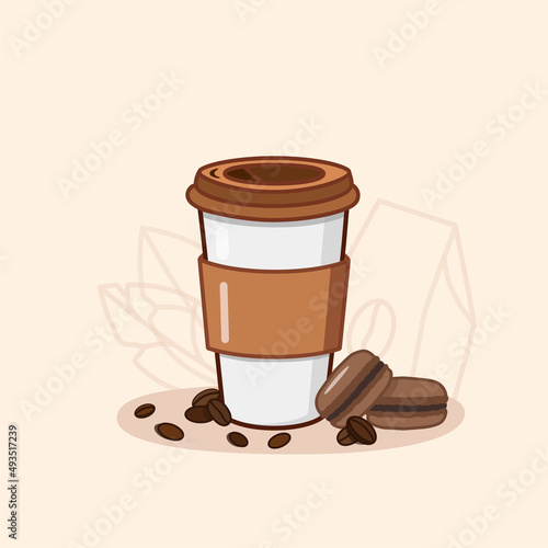 Coffee cup flat design Coffee composition coffee beans macarons