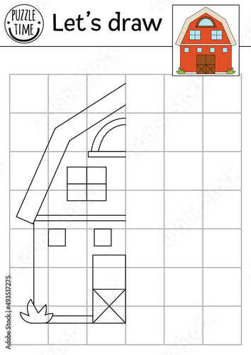 Complete the barn picture. Vector on the farm symmetrical drawing practice worksheet. Printable black and white activity for preschool kids. Copy the picture rural country game with shed.