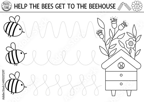 Vector on the farm handwriting practice worksheet. Rural printable black and white activity for preschool kids. Tracing game for writing skills. Help the bees get to the beehive coloring page.