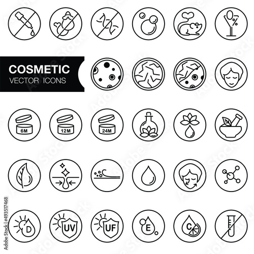 Face and body cosmetic care icons. Thin line icon set. Editable strokes, EPS 10, vector. All skin types and cosmetic manipulation symbols. (ID: 493517468)