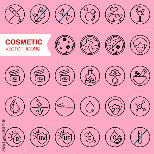 Face and body cosmetic care icons. Thin line icon set. Editable strokes, EPS 10, vector. All skin types and cosmetic manipulation symbols. (ID: 493517489)
