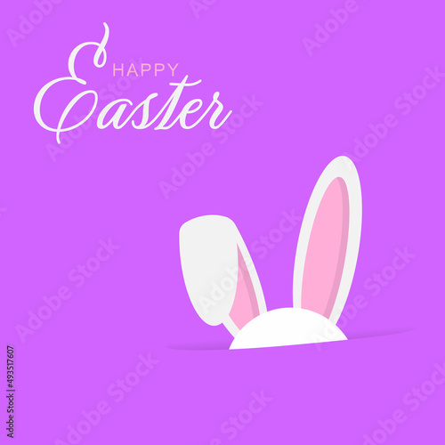 Colorful Happy Easter greeting card with rabbit, bunny, eggs with banners