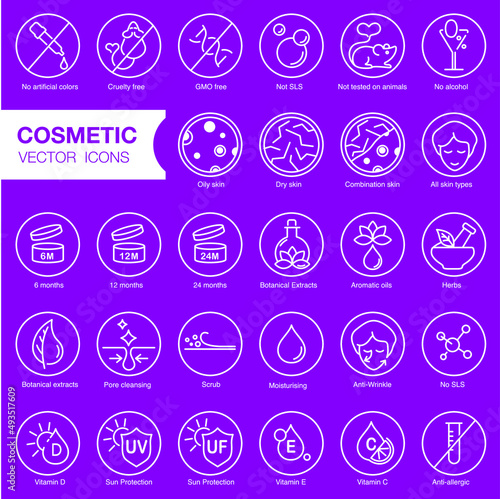 Face and body cosmetic care icons. Thin line icon set. Editable strokes, EPS 10, vector. All skin types and cosmetic manipulation symbols. (ID: 493517609)