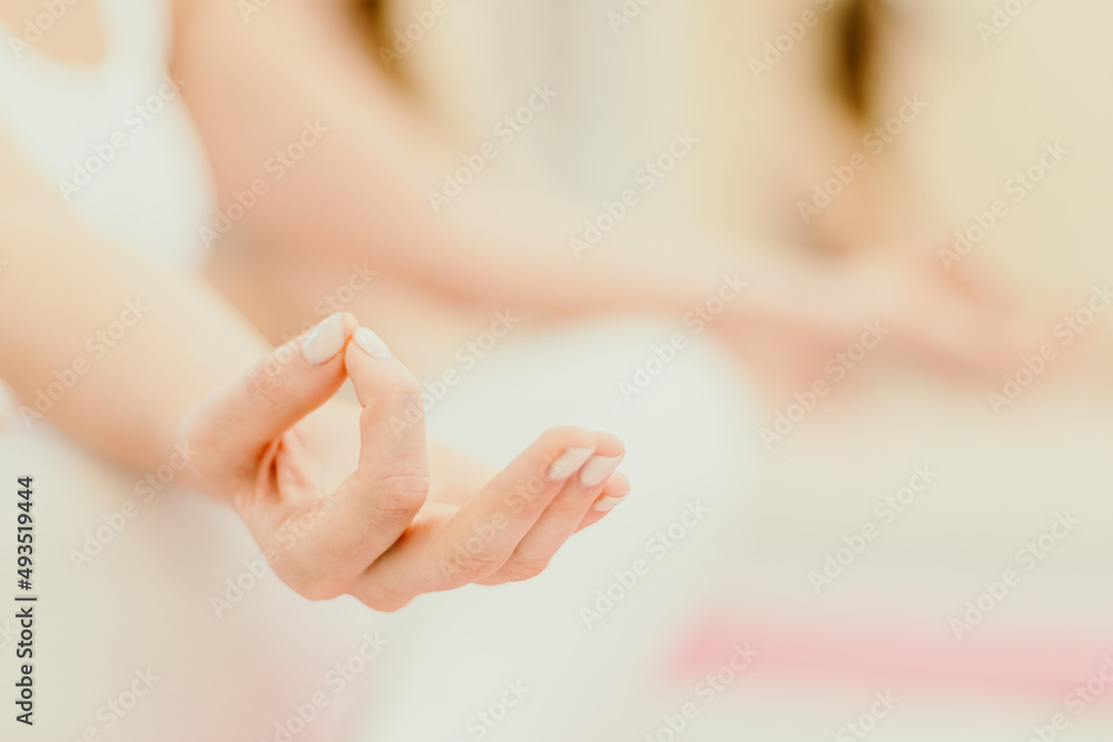 Fototapeta premium Two young sporty woman, fitness instructor in sportswear doing stretching and pilates on yoga mat in the studio with mirror. Female fitness yoga routine concept. Healthy lifestyle and harmony.