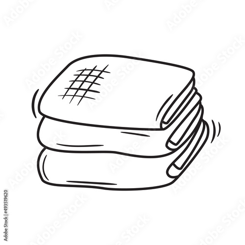 Outline doodle pile of textile towels. Hand drawn kitchen and bathroom equipment vector illustration. Shower and bath supply. Hygiene product