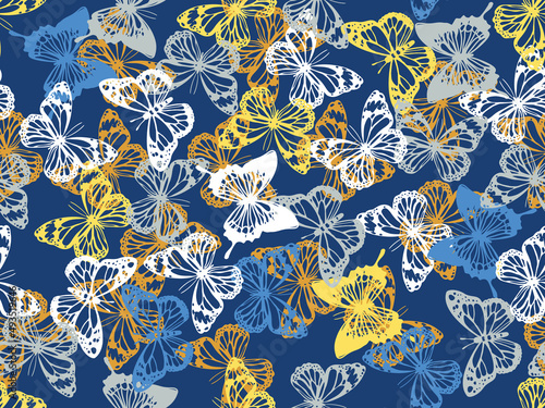 Butterfly Camouflage Seamless Vector Pattern: Pretty, girly camouflage pattern made up of tropical colored butterflies against a cool blue background. Seamless vector patterns are great for background