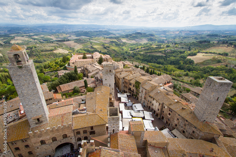 Spectacular view over the roofs of San Gimignano in Italy and the famous towers