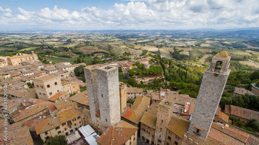 Spectacular view over the roofs of San Gimignano in Italy and the famous towers