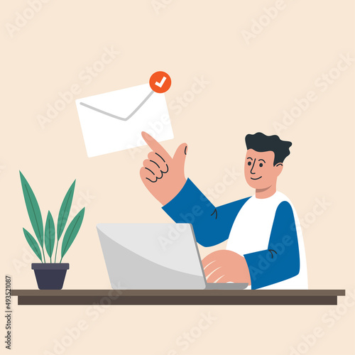 Office worker working with a laptop and opens an urgent letter. Mail notification. Man, working from home office get email message.