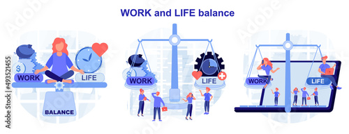Work and life balance. Tiny people keep harmony choose between career and money versus love and time, leisure or business. Modern flat cartoon style. Vector illustration collection of scenes