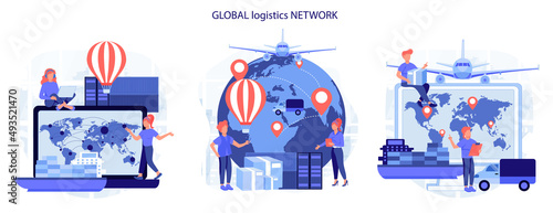 Global logistics network. Export, import, warehouse business, transportation. Business logistics. On-time delivery. Modern flat cartoon style. Vector illustration collection of scenes
