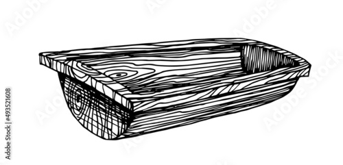Old wooden washtub. Drinking bowl for livestock. Vector illustration with contour lines in black ink isolated on a white background in a doodle and hand drawn style.
