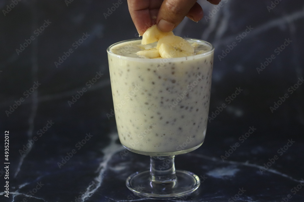 Plantain milkshake made with sliced plantain and with soaked chia seeds