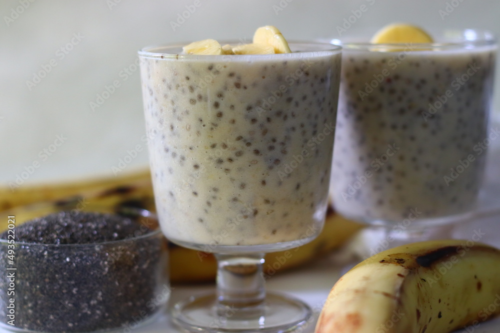 Plantain milkshake made with sliced plantain and with soaked chia seeds