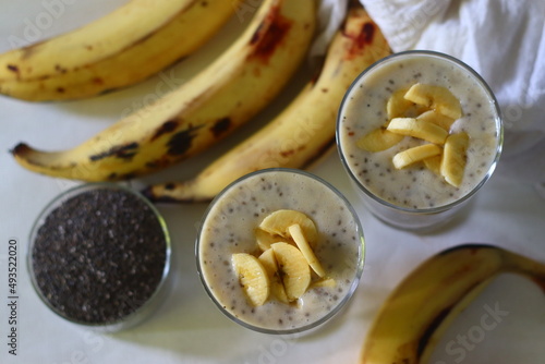 Plantain milkshake made with sliced plantain and with soaked chia seeds