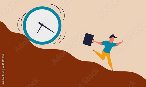 Deadline time and late work. Busy clock pressure countdown and lack efficiency watch vector illustration concept. Urgency past job and running to office. Management schedule and terminally awake