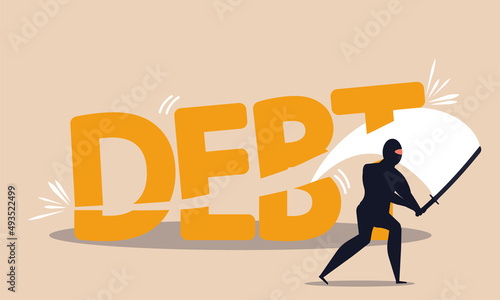 Cut debt with sword and freedom finance. Investment risk and account budget loss vector illustration concept. Trouble solve and finances loan less. Free profit and bankruptcy remove with businessman