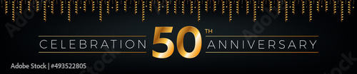 50th anniversary. Fifty years birthday celebration horizontal banner with bright golden color.