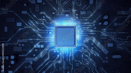 Central Computer Processors CPU concept. Motherboard digital chip. Technological and scientific blue background. Integrated communication processor. 3D animation