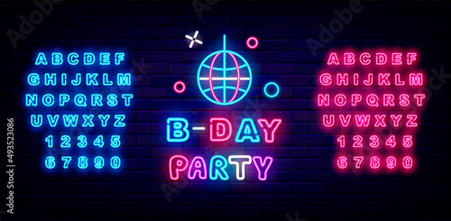 Birthday party neon sign with disco ball. Glowing blue and pink alphabet. Shiny greeting card. Vector stock illustration