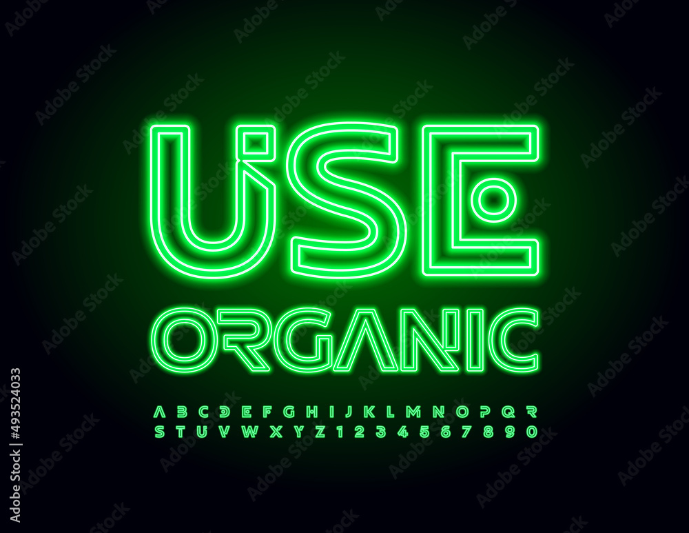 Vector Neon Emblem Use Organic. Unique Glowing Font. Creative Alphabet Letters and Numbers set Vector Neon Emblem Use Organic. Unique Glowing Font. Creative Alphabet Letters and Numbers set
