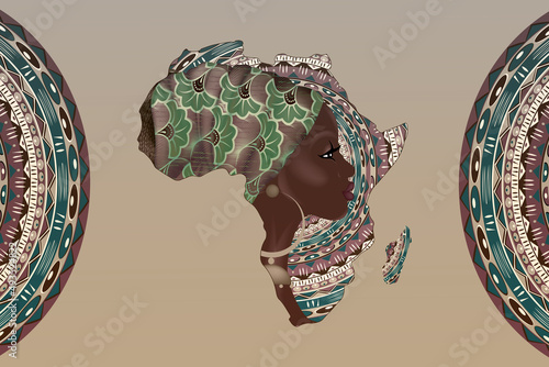 Obraz na plátně Banner of African woman, face profile silhouette with turban in the shape of a map of Africa