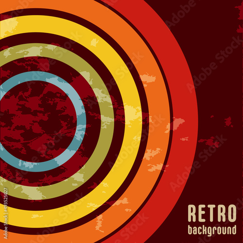 Retro design background with vintage grunge texture and colored round stripes. Vector illustration