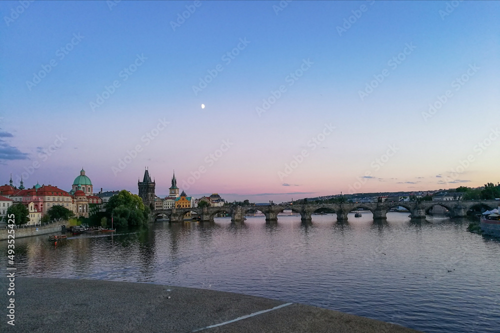 Charles Bridge in Prague, Czech Republic by evening