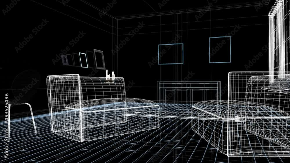 Furnishing items are virtually arranged in an empty room and make up a