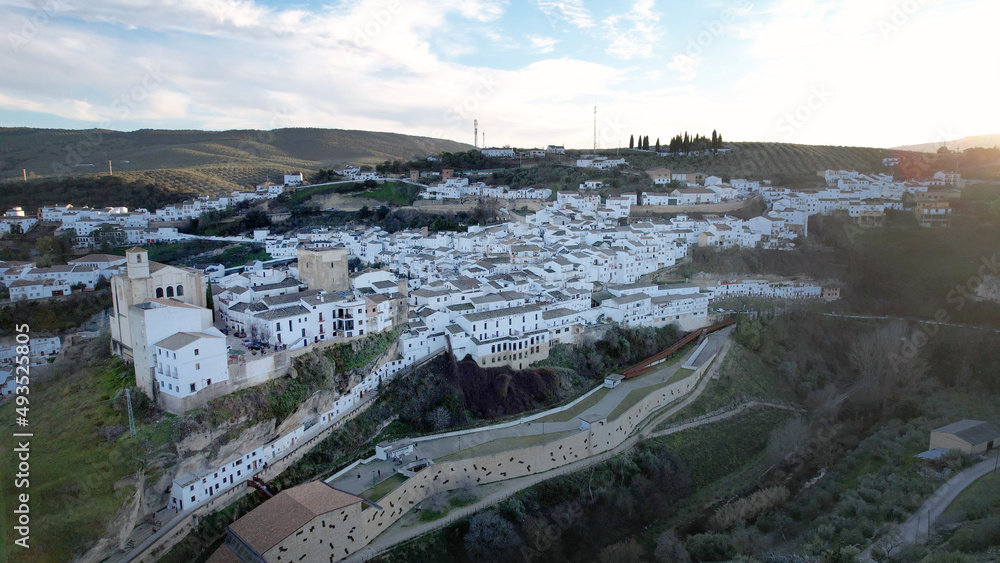 Fototapeta premium Setenil de las Bodegas drone aerial view of white towns, Cadiz, Andalucia.