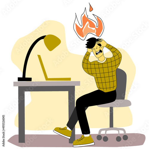 Professional and emotional burnout concept. Exhausted office worker sitting at the computer holding his head. Vector illustration of mental health 