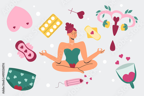 Critical days. PMS. A woman with her period is meditating. Pad, panties, menstrual cup. Vector illustration.