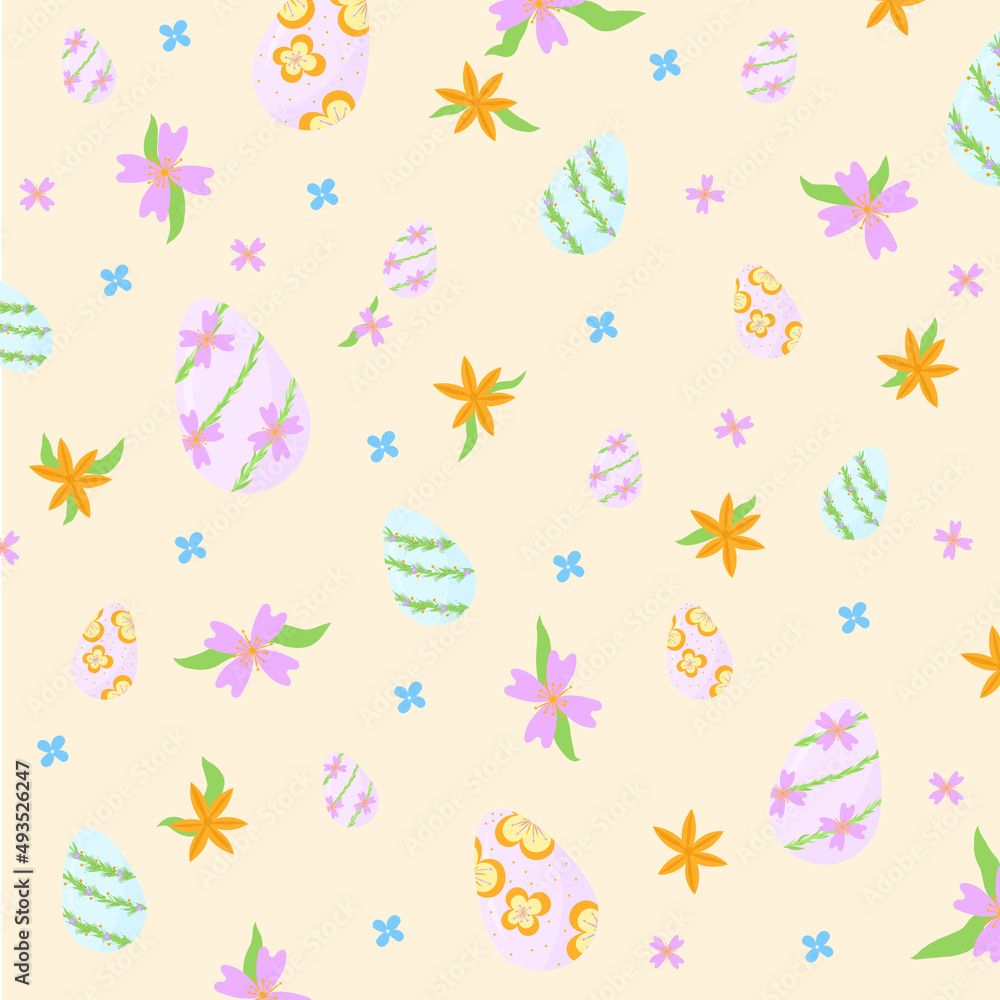 Cute Easter pattern for cards, invitations and decor. Vector design. Colored Easter eggs and flowers.