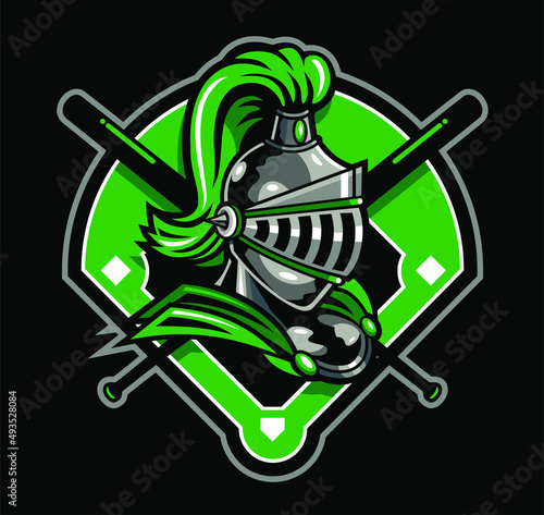 knights mascot helmet and crossed bats on baseball diamond for school, college or league