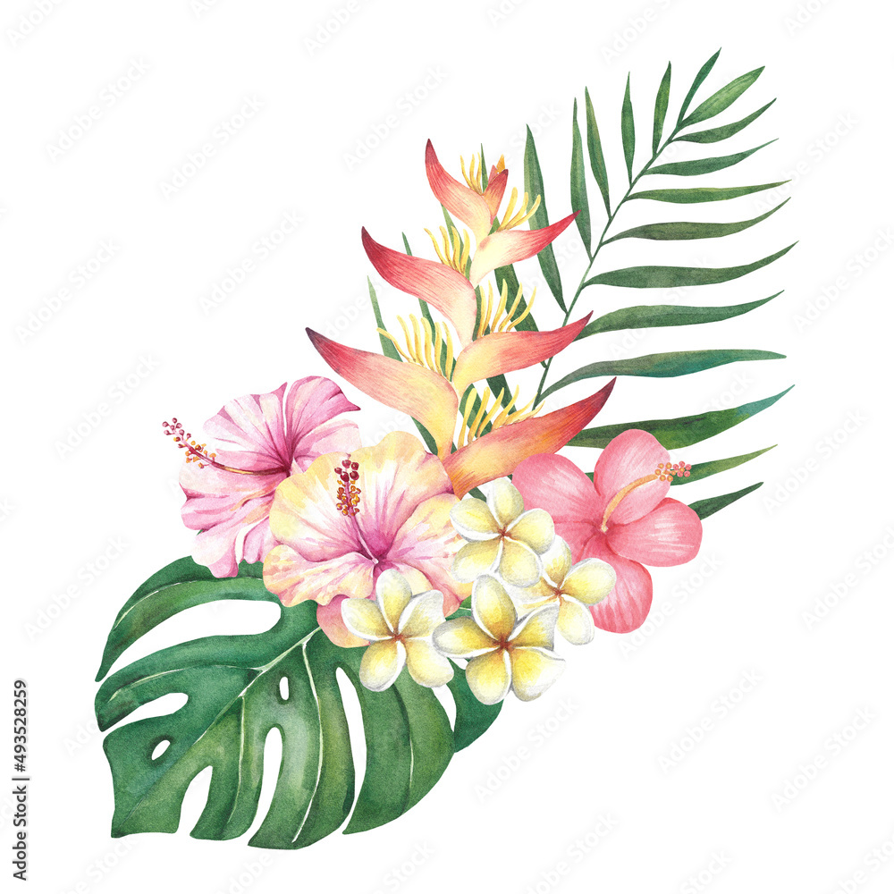 Tropical watercolor bouquet with flowers and leaves on a white background.