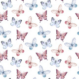 Watercolor seamless pattern with butterflies on a white background for decor, prints, wallpapers.
